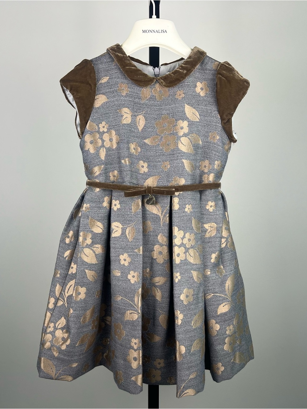 Monnnalisa Girls Velvet Bow Belted Brocade/Jacquard Wool Dress, Gray/Gold, 6Y